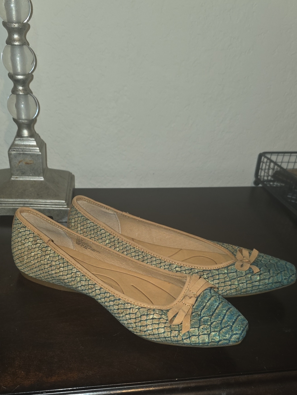 Born Hand Crafted Footwear Teal Textured Ballet Flats with Tan Trim and Bow